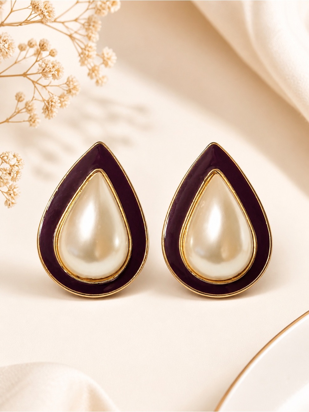 Pearl Teardrop Stud Earrings | Purple & Gold Tone Statement | Feminine Vintage